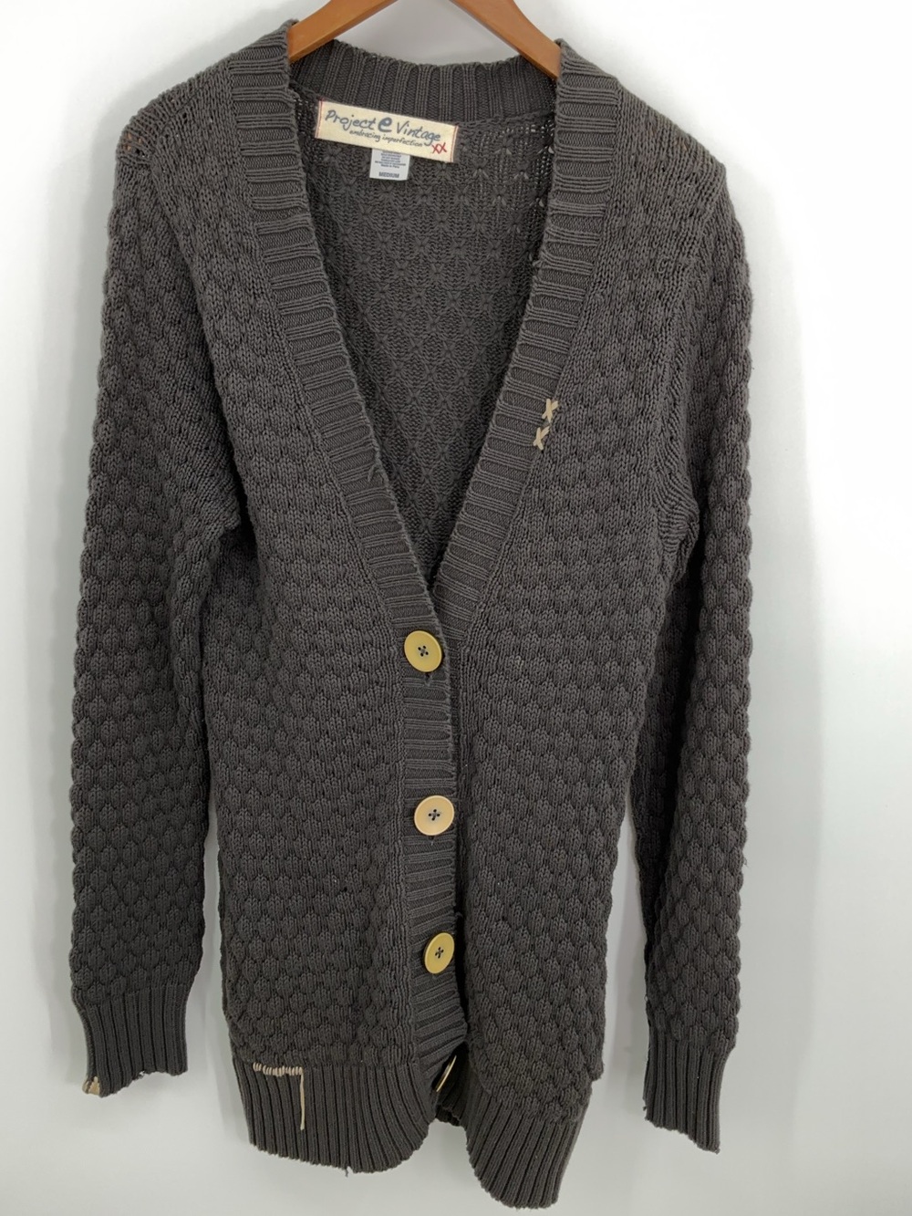 Project E Vintage Cable Knit Cardigan Charcoal Gray Cotton Medium